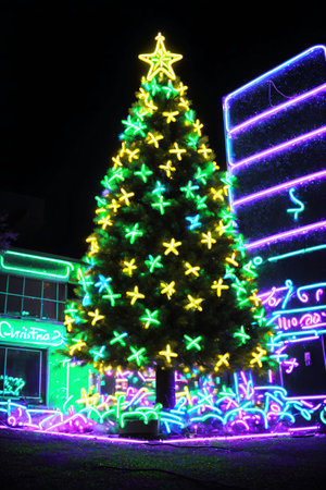 Dark christmas tree illuminated with neon lights on dark background, wallpaper christmas banner Ai Generatedの素材