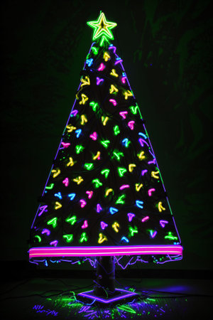 Dark christmas tree illuminated with neon lights on dark background, wallpaper christmas banner Ai Generatedの素材