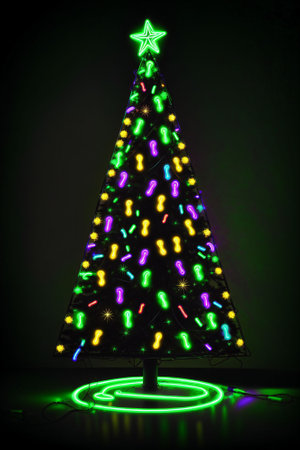 Dark christmas tree illuminated with neon lights on dark background, wallpaper christmas banner Ai Generatedの素材