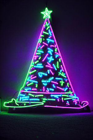 Dark christmas tree illuminated with neon lights on dark background, wallpaper christmas banner Ai Generatedの素材