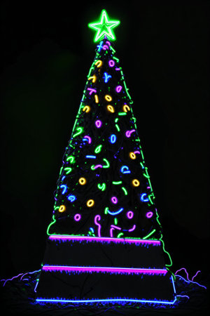 Dark christmas tree illuminated with neon lights on dark background, wallpaper christmas banner Ai Generatedの素材