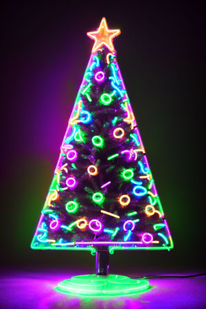 Dark christmas tree illuminated with neon lights on dark background, wallpaper christmas banner Ai Generatedの素材