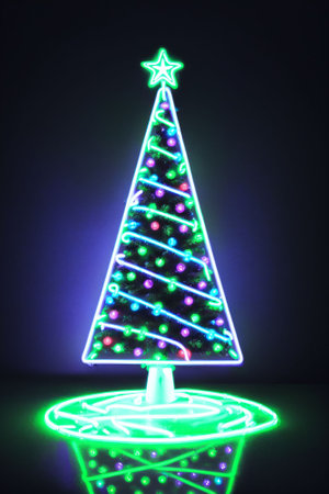 Dark christmas tree illuminated with neon lights on dark background, wallpaper christmas banner Ai Generatedの素材