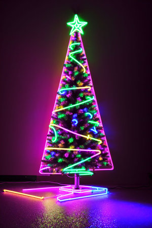 Dark christmas tree illuminated with neon lights on dark background, wallpaper christmas banner Ai Generatedの素材
