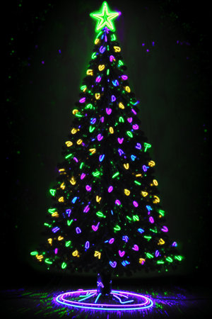 Dark christmas tree illuminated with neon lights on dark background, wallpaper christmas banner Ai Generatedの素材