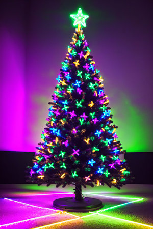 Dark christmas tree illuminated with neon lights on dark background, wallpaper christmas banner Ai Generatedの素材