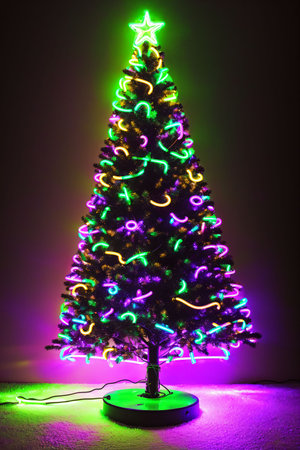 Dark christmas tree illuminated with neon lights on dark background, wallpaper christmas banner Ai Generatedの素材