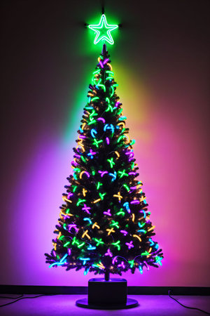 Dark christmas tree illuminated with neon lights on dark background, wallpaper christmas banner Ai Generatedの素材