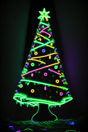 Dark christmas tree illuminated with neon lights on dark background, wallpaper christmas banner Ai Generatedの素材