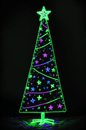 Dark christmas tree illuminated with neon lights on dark background, wallpaper christmas banner Ai Generatedの素材