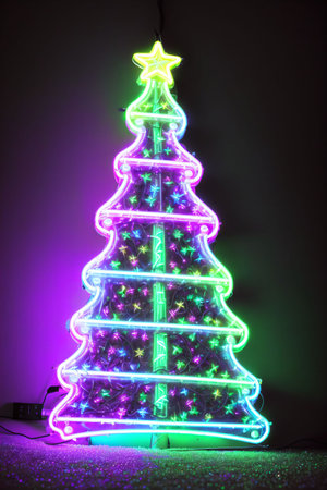 Dark christmas tree illuminated with neon lights on dark background, wallpaper christmas banner Ai Generatedの素材