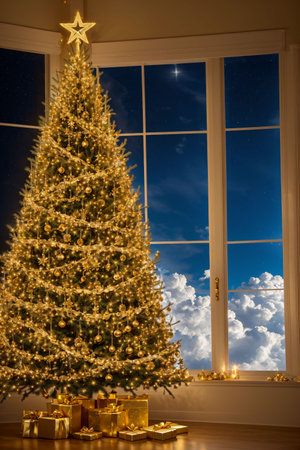 Golden Christmas tree with bright lights wallpaper banner xmasの素材