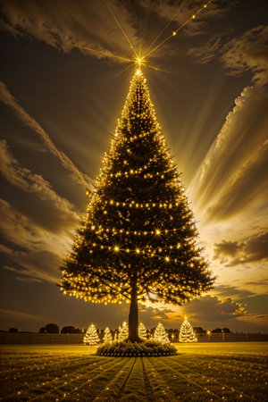 Golden Christmas tree with bright lights wallpaper banner xmasの素材