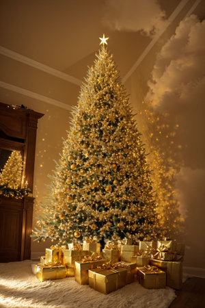 Golden Christmas tree with bright lights wallpaper banner xmasの素材