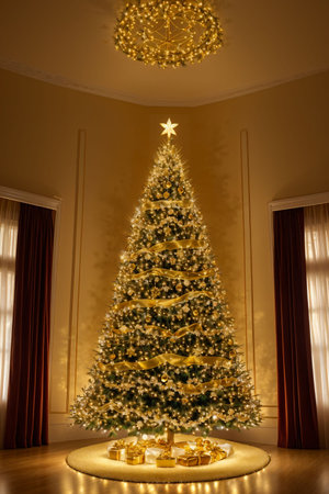 Golden Christmas tree with bright lights wallpaper banner xmasの素材