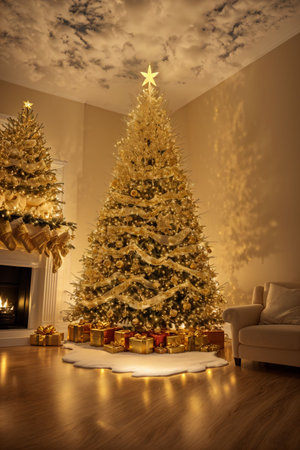 Golden Christmas tree with bright lights wallpaper banner xmasの素材