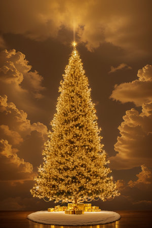 Golden Christmas tree with bright lights wallpaper banner xmasの素材