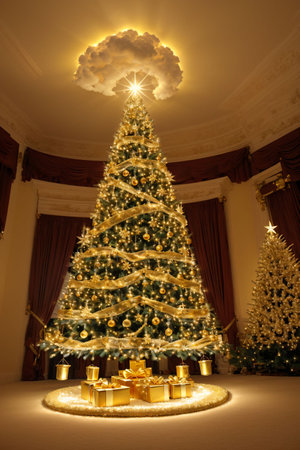 Golden Christmas tree with bright lights wallpaper banner xmasの素材