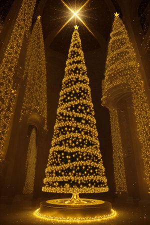 Golden Christmas tree with bright lights wallpaper banner xmasの素材