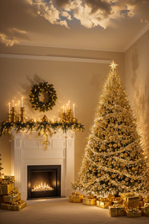 Golden Christmas tree with bright lights wallpaper banner xmasの素材