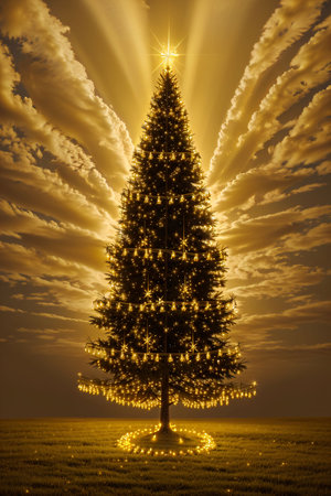 Golden Christmas tree with bright lights wallpaper banner xmasの素材