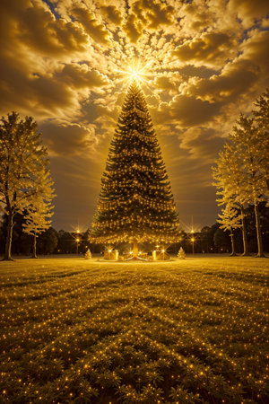 Golden Christmas tree with bright lights wallpaper banner xmasの素材