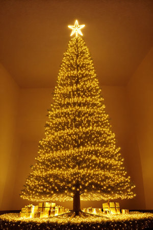 Golden Christmas tree with bright lights wallpaper banner xmasの素材