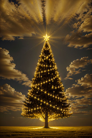 Golden Christmas tree with bright lights wallpaper banner xmasの素材