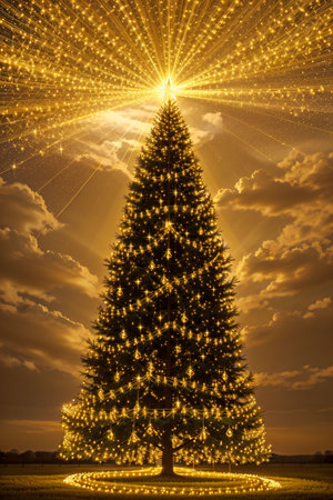 Golden Christmas tree with bright lights wallpaper banner xmasの素材