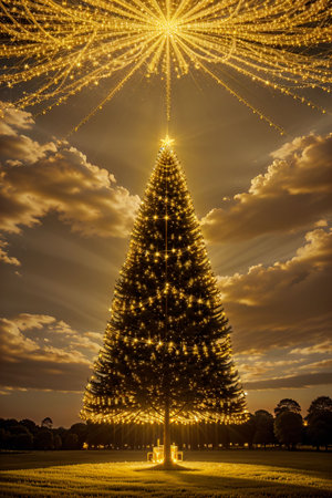 Golden Christmas tree with bright lights wallpaper banner xmasの素材