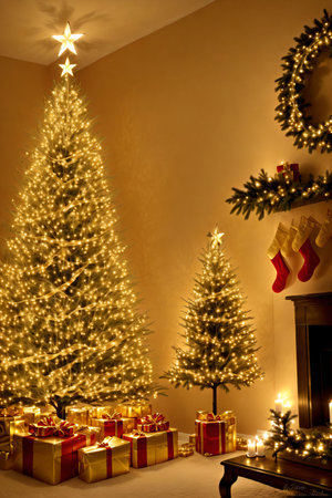 Golden Christmas tree with bright lights wallpaper banner xmasの素材