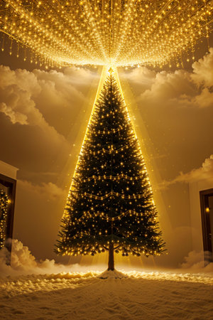Golden Christmas tree with bright lights wallpaper banner xmasの素材