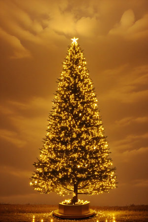 Golden Christmas tree with bright lights wallpaper banner xmasの素材