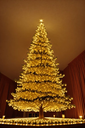 Golden Christmas tree with bright lights wallpaper banner xmasの素材