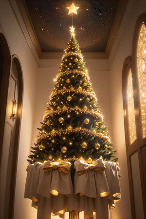 Golden Christmas tree with bright lights wallpaper banner xmasの素材