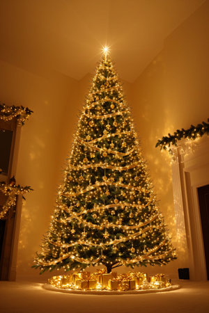 Golden Christmas tree with bright lights wallpaper banner xmasの素材