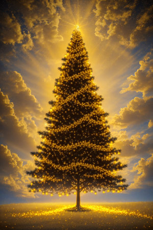 Golden Christmas tree with bright lights wallpaper banner xmasの素材