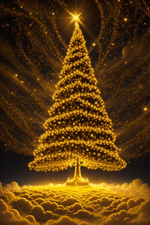 Golden Christmas tree with bright lights wallpaper banner xmasの素材