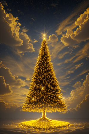 Golden Christmas tree with bright lights wallpaper banner xmasの素材