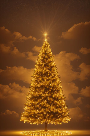 Golden Christmas tree with bright lights wallpaper banner xmasの素材