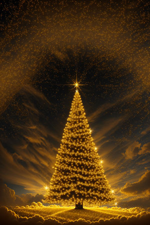 Golden Christmas tree with bright lights wallpaper banner xmasの素材