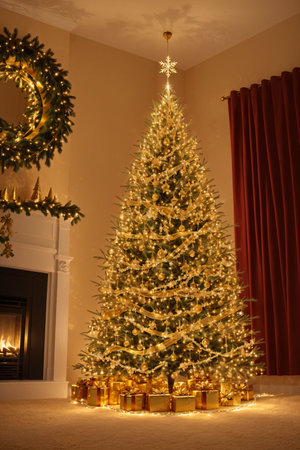 Golden Christmas tree with bright lights wallpaper banner xmasの素材