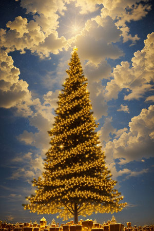 Golden Christmas tree with bright lights wallpaper banner xmasの素材