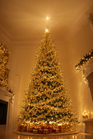 Golden Christmas tree with bright lights wallpaper banner xmasの素材