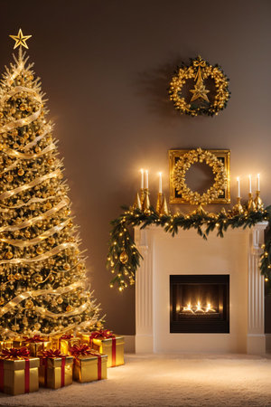 Golden Christmas tree with bright lights wallpaper banner xmasの素材