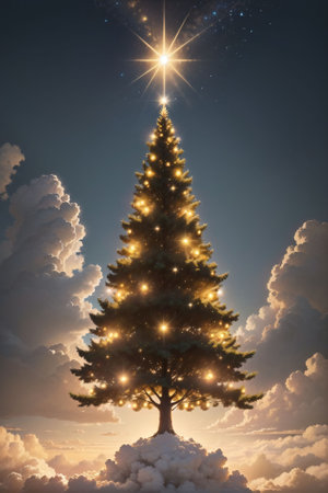 Golden Christmas tree with bright lights wallpaper banner xmasの素材