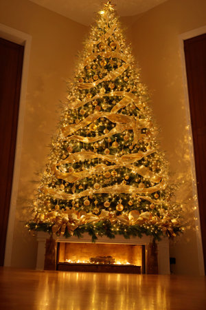 Golden Christmas tree with bright lights wallpaper banner xmasの素材