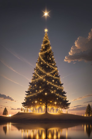 Golden Christmas tree with bright lights wallpaper banner xmasの素材