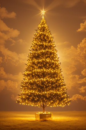 Golden Christmas tree with bright lights wallpaper banner xmasの素材