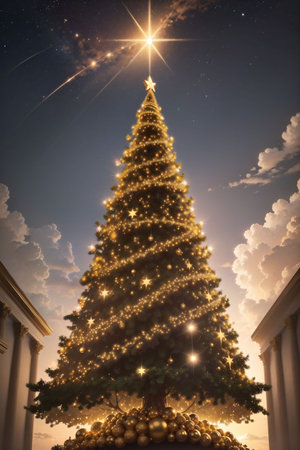 Golden Christmas tree with bright lights wallpaper banner xmasの素材